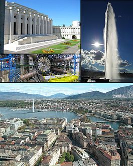 Top left: Palace of Nations, Middle left: ATLAS experiment at CERN, Right: Jet d'Eau, Bottom: View over Geneva and the lake.