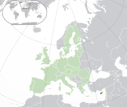 Location of Cyprus in bright green, showing the republic of Cyprus in darker green and the self-declared republic of Northern Cyprus in brighter green, with the rest of the European Union shown in faded green