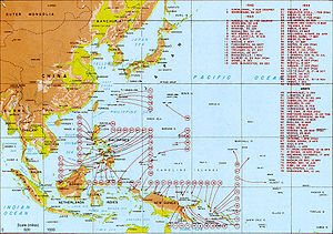 Map indicating US landings during the Pacific War