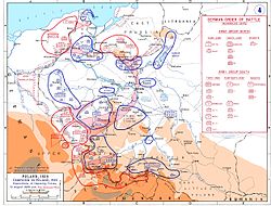 A Map showing the dispositions of the opposing forces on 31 August 1939 with the German plan of attack overlaid in pink.