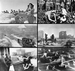 Clockwise from top left: Commonwealth troops in the desert; Chinese civilians being buried alive by Japanese soldiers; Soviet forces during a winter offensive; Carrier-borne Japanese planes readying for take off; Soviet troops fighting in Berlin; A German submarine under attack.