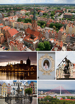 Top: View of Central Gdańsk and Main City Hall, Middle-left: Old Town and Motława River at night, Centre: The Maiden in the Window, Middle-right: Neptune's Fountain in Long Market Street, Bottom-left: Neptune's Fountain in front of Artus Court, Bottom-right: Third Millennium John Paul Ⅱ Bridge
