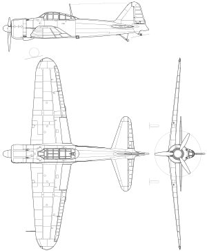 Orthographically projected diagram of the Mitsubishi A6M Zero