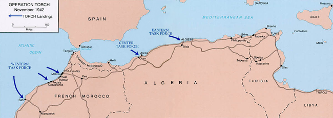 A map showing landings during Operation Torch.