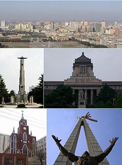 Clockwise from top: panoramic view from Ji Tower, Former Manchukuo State Department, Statue on cultural square, Changchun Christian Church, Soviet martyr monument.
