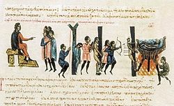 Manuscript illumination of people being hanged, burned and shot with arrows