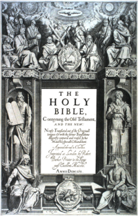 The title page's central text is:"THE HOLY BIBLE,Conteyning the Old Testament,AND THE NEW:Newly Translated out of the Original tongues: & with the former Translations diligently compared and revised, by his Majesties speciall Comandement.Appointed to be read in Churches.Imprinted at London by Robert Barker, Printer to the Kings most Excellent Majestie.ANNO DOM. 1611 ."At bottom is:"C. Boel fecit in Richmont.".