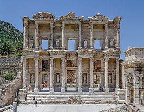 The roof of the Library of Celsus has collapsed, but its large façade is still intact.