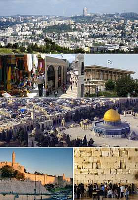 From upper left: Jerusalem skyline viewed from Givat ha'Arba, a souq in the Old City, Mamilla, the Knesset, the Old City and the Dome of the Rock, the Tower of David and the Ottoman Old City walls and the Western Wall.