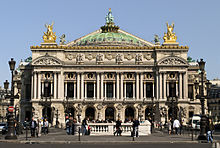The Opera House in Paris is an ornate 19th century building decorated with much sculptured detail.