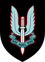 SAS winged dagger/flaming sword cap badge with "Who Dares Wins" motto
