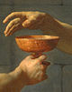 Fragment of The Death of Socrates; close-up of the hand reaching for a cup of poisoned water.
