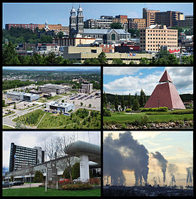 From top left: Downtown Chicoutimi borough, the UQAC, the Ha!Ha! pyramid, the Cégep de Jonquière, and Rio Tinto's aluminium smelters in Arvida