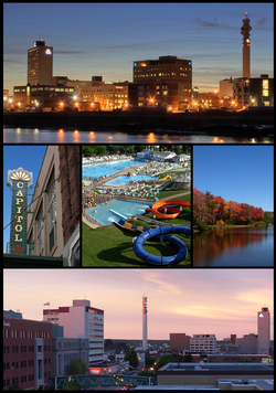 From top left: Moncton skyline at night, the Capitol Theatre, Magic Mountain, Centennial Park, and Downtown Moncton at dusk