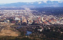 Aerial of downtown Spokane on approach from the airport