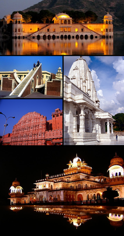 Clockwise from top: Jal Mahal, Birla Mandir, Jaipur, Albert Hall Museum, Hawa Mahal, Jantar Mantar