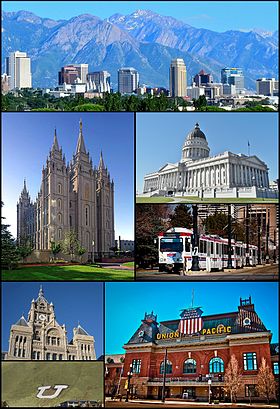 Clockwise from top: The skyline in July 2011, Utah State Capitol, TRAX, Union Pacific Depot, the Block U, the City and County Building, and the Salt Lake Temple