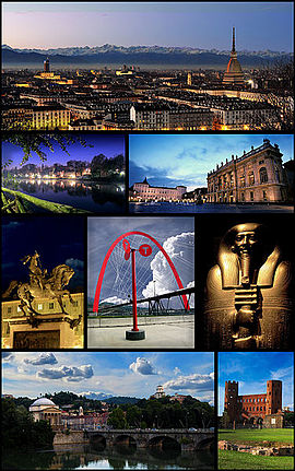 From top to bottom, left to right: panorama of the Mole Antonelliana, Valentino Park with the medieval village, Piazza Castello with Palazzo Reale and Palazzo Madama, San Carlo Plaza with the Caval ëd Bronz, the Arco Olimpico and the Lingotto, the sarcophagus of Oki at the Egyptian Museum, a view of the hills, the Po, the Gran Madre, the Monte of Cappuccini and Palatine Towers.
