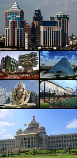 Clockwise from top: UB City, Infosys, Glass house at Lal Bagh, Vidhana Soudha, Shiva statue, Bagmane Tech Park ii