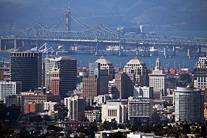 Oakland skyline, with the old eastern span of the San Francisco–Oakland Bay Bridge in background