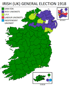 The results of the Irish general election, 1918, in which Sinn Féin and the Irish Parliamentary Party won the majority of votes on the island of Ireland, shown in the color green and light green respectively, with the exception being primarily in the East of the province of Ulster.