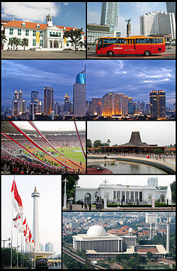 (From top, left to right): Jakarta Old Town, Hotel Indonesia Roundabout, Jakarta Skyline, Gelora Bung Karno Stadium, Taman Mini Indonesia Indah, Monumen Nasional, Merdeka Palace, Istiqlal Mosque