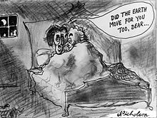 A cartoon showing a man and a woman in bed together with balloon caption "Did the earth move for you too dear?".