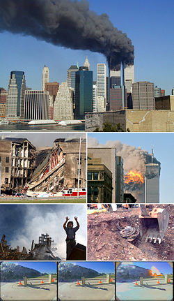 A montage of eight images depicting, from top to bottom, the World Trade Center towers burning, the collapsed section of the Pentagon, the impact explosion in the south tower, a rescue worker standing in front of rubble of the collapsed towers, an excavator unearthing a smashed jet engine, three frames of video depicting airplane hitting the Pentagon.