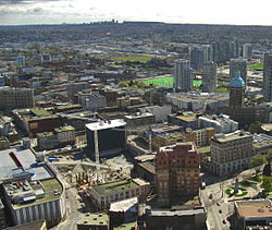 View of the Downtown Eastside and Woodward's site from Harbour Centre.