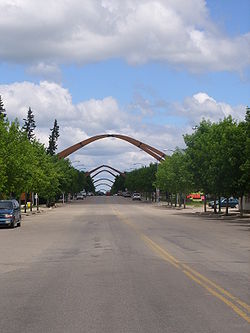 A view of arches spanning Main Street in Russell, summer of 2008.