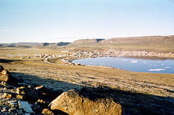 Looking at Ulukhaktok from the bluffs that give the community its name.