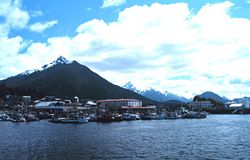 View toward Sitka from the Pacific Ocean. Sitka is the only town in Southeast Alaska that faces the Gulf of Alaska head-on.