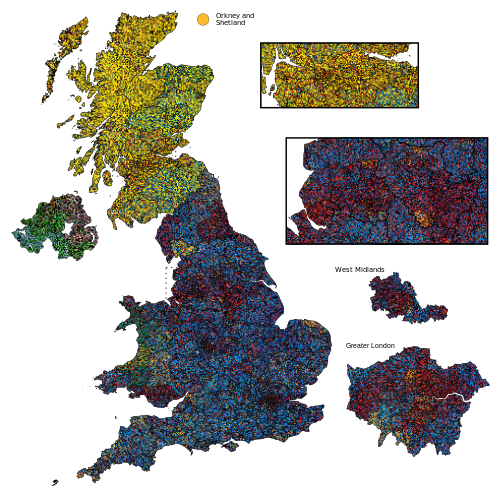 Results of the 2015 general election in the United Kingdom: voting distribution per constituency.