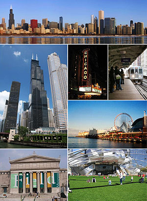 Clockwise from top: Downtown Chicago, the Chicago Theatre, the 'L', Navy Pier, Millennium Park, the Field Museum, and Willis Tower.
