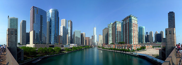 Buildings along the sides of a river in a panorama view