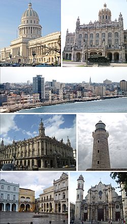 Clockwise from top left: El Capitolio, Museum of the Revolution, view of Malecón, lighthouse at El Morro, Havana Cathedral, Plaza Vieja and the Great Theatre of Havana