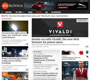 The Ars Technica logotype is displayed in the top-left corner of the web page. Positioned in two columns are the article headlines, some of which have corresponding images.