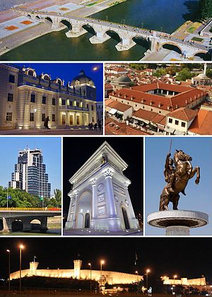 From top to bottom, left to right: Stone Bridge Macedonian National Theatre • Suli An in the Old Bazaar  MRT Center • Porta Macedonia • Warrior on a Horse statue Skopje Fortress