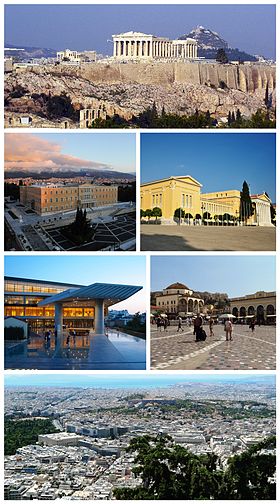 From upper left: the Acropolis, the Hellenic Parliament, the Zappeion, the Acropolis Museum, Monastiraki Square, Athens view towards the sea