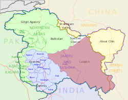 Ladakh (pink) in a map of Indian-administered Kashmir