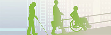 Image de 3 individus qui marche sur une rampe; un d’entre eux avec une déficience visuelle a une canne blanche, un autre avec une mallette et le dernier en chaise roulante.