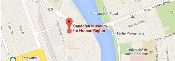 Screenshot of the location of Canadian Museum for Human Rights on Google Maps; the pin is located next to the Red River, at the intersection of Provencher Boulevard and Israel Asper Way.