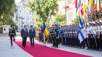 Prime Minister Justin Trudeau attends the Official Welcoming Ceremony at the Presidential Administration Building in Kyiv, Ukraine