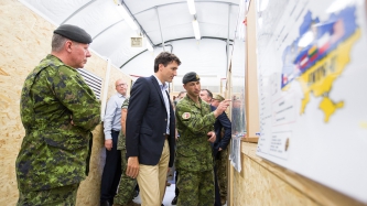 Prime Minister Justin Trudeau visits the International Peacekeeping and Security Centre in Lviv, Ukraine