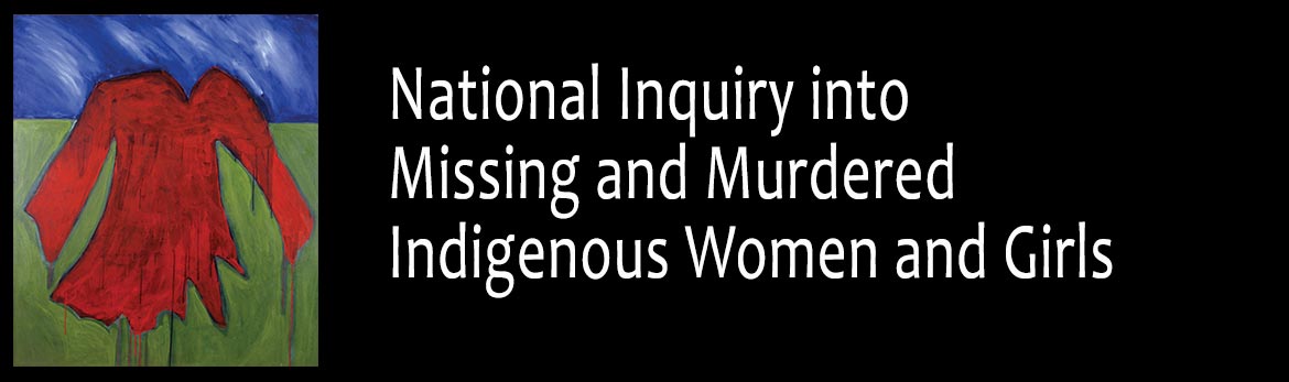 Red dress painting with National Inquiry into Missing and Murdered Indigenous Women and Girls written to the right