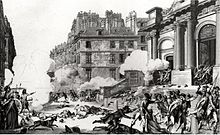 Etching of a street, there are a lot pockets of smoke due to a group of republican artillery firing on royalists across the street at the entrance to a building