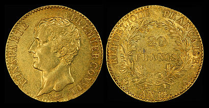 Depicted as First Consul on the 1803 20 gold Napoléon gold coin.
