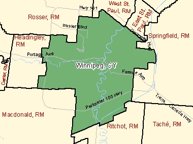 Map of Winnipeg, CY (shaded in green), Manitoba