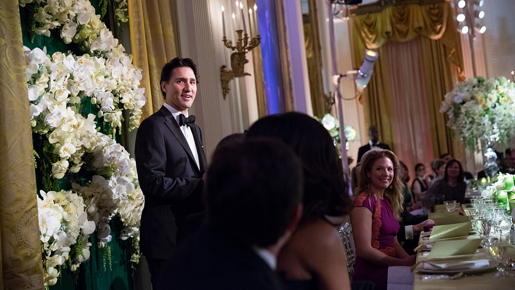Prime Minister Justin Trudeau delivers remarks during the State dinner at the White House