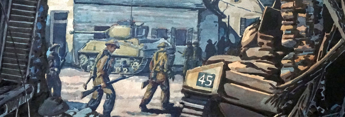 Une peinture d’un soldat dans un édifice rempli de décombres où l’on aperçoit d’autres soldats et un char à l’extérieur.